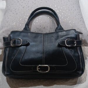 Franco Sarto Black Leather Buckle-Accent Satchel